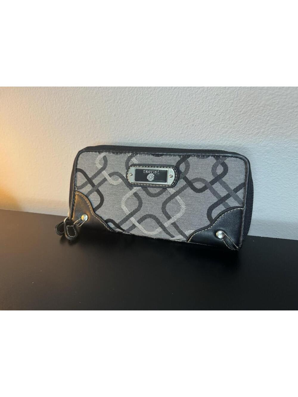 Trelise Cooper Monogram Zip Around Wallet Black Gray Canvas Leather Trim